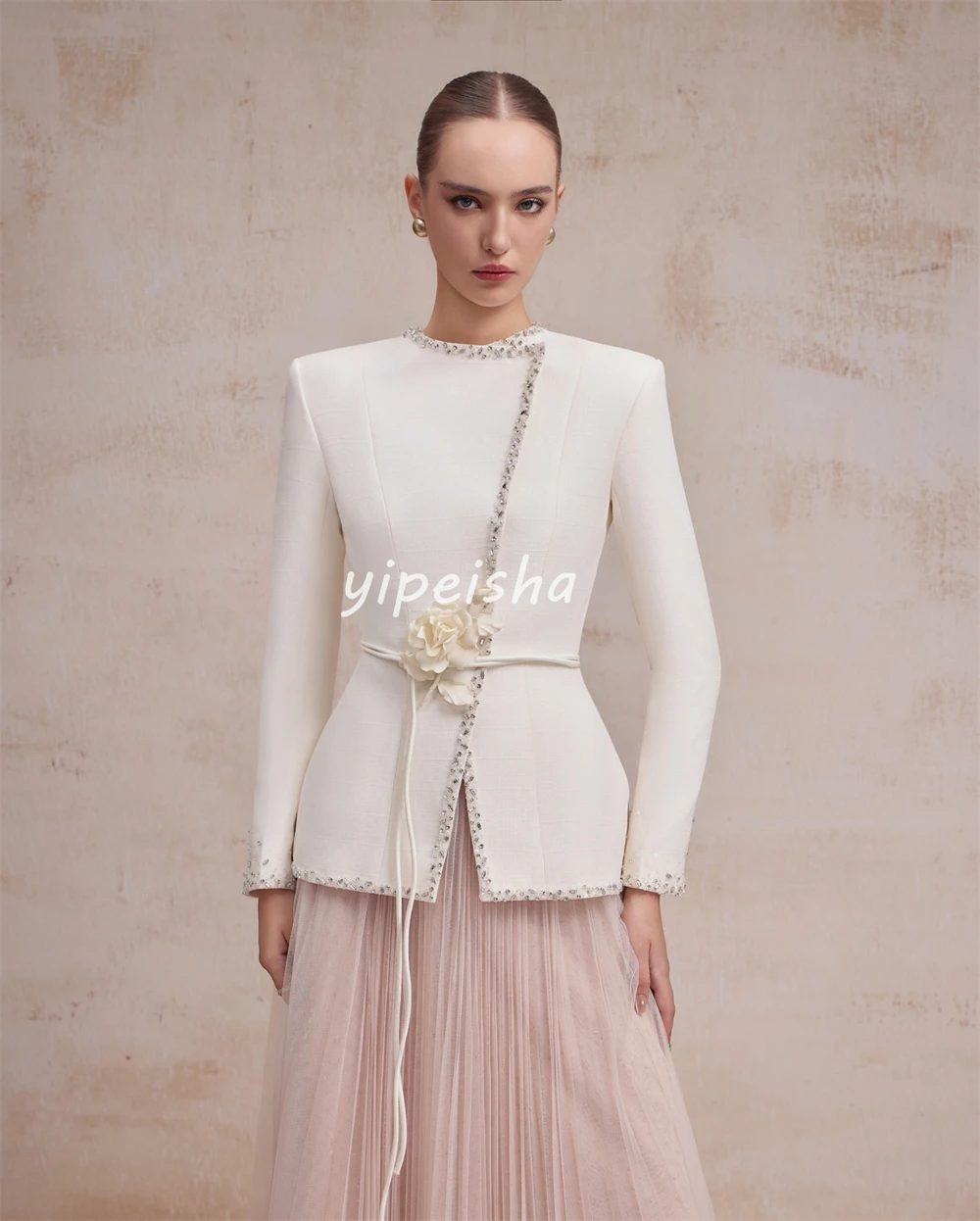 Customized Elegant Women Jersey Beading Handmade Flower A-line Evening Dresses High Quality Matching O-Neck Ankle Length Dresses