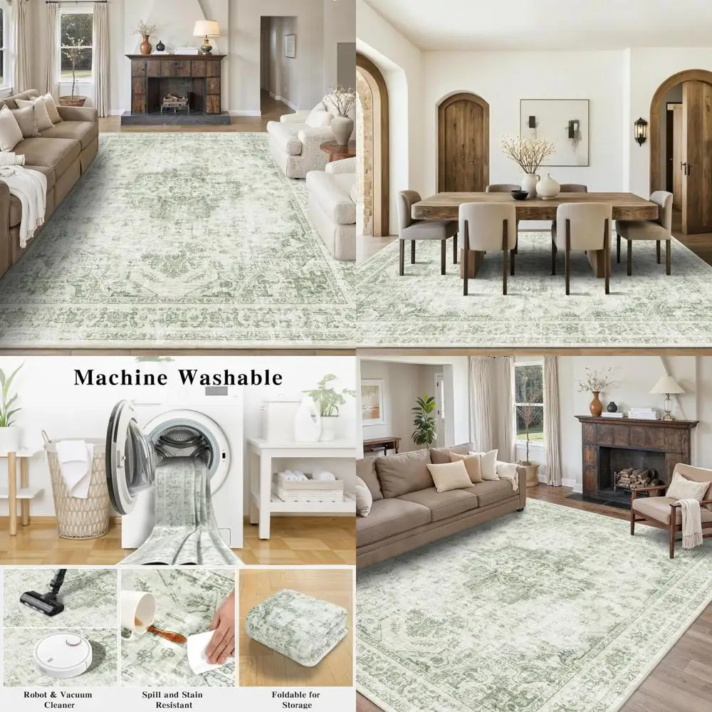 

Large Boho Medallion Vintage Washable Area Rugs with Distressed Floral Accents, Soft Low Pile for Indoor Use