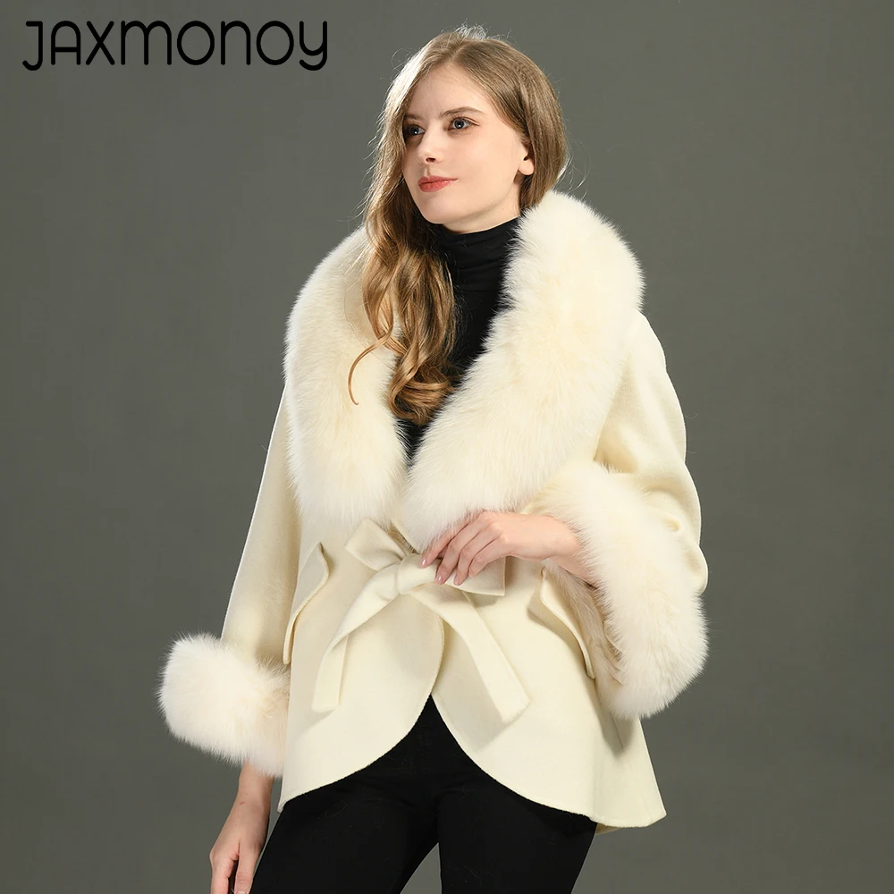 

Jaxmonoy Women's Loose Style Wool Coat with Real Fox Fur Autumn Winter New Ladies Solid Color Wool Blend Coats with Belt Female