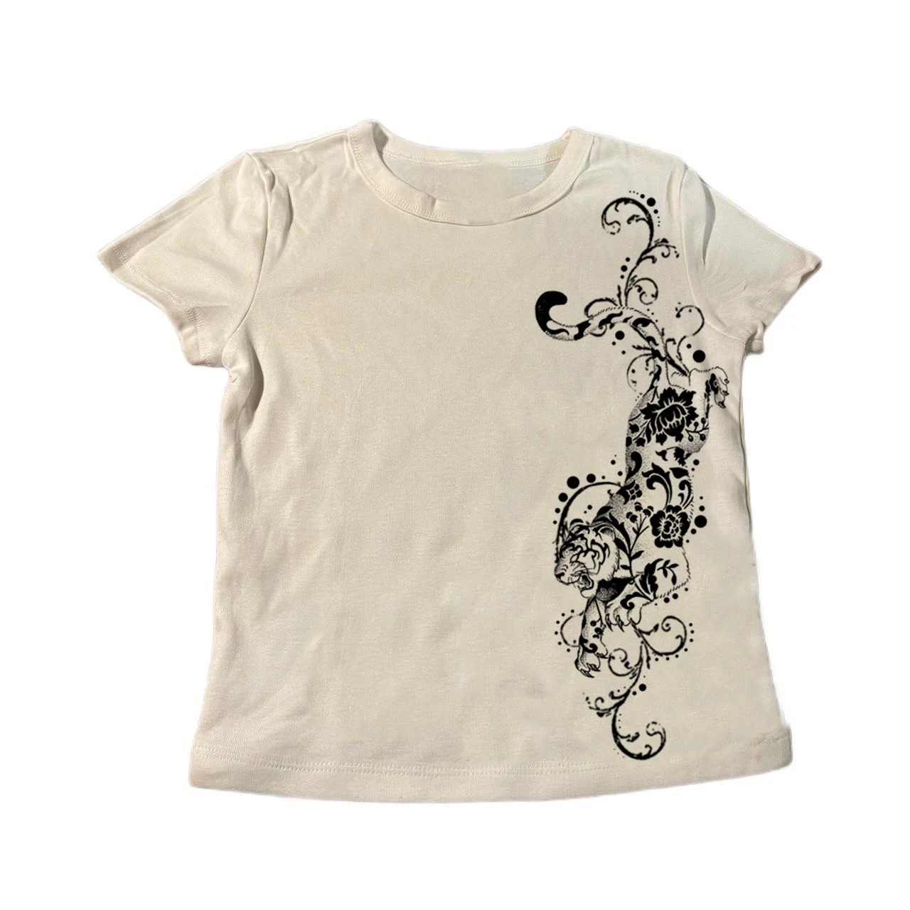 Long Sleeve T‑Shirt Round Neck Tiger Floral Vine Tattoo Art Graphic Tee Retro Gothic Slim Fit Casual Top Wholesale
