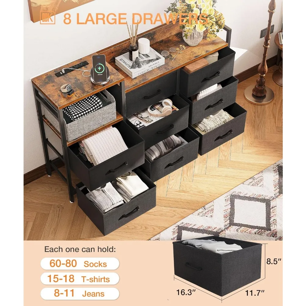 Dresser with Charging Station, 52-Inch Long Dresser for Bedroom with 8 Storage Drawers, Fabric Dressers Chests of Drawers with