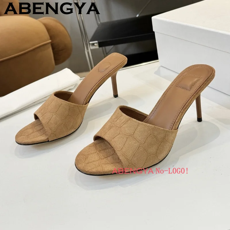 

ABENGYA 2025 New Round Peep Toe Thin High Heels Slippers Women Real Leather Stiletto Sandals Summer Sexy Dress Party Shoes Woman