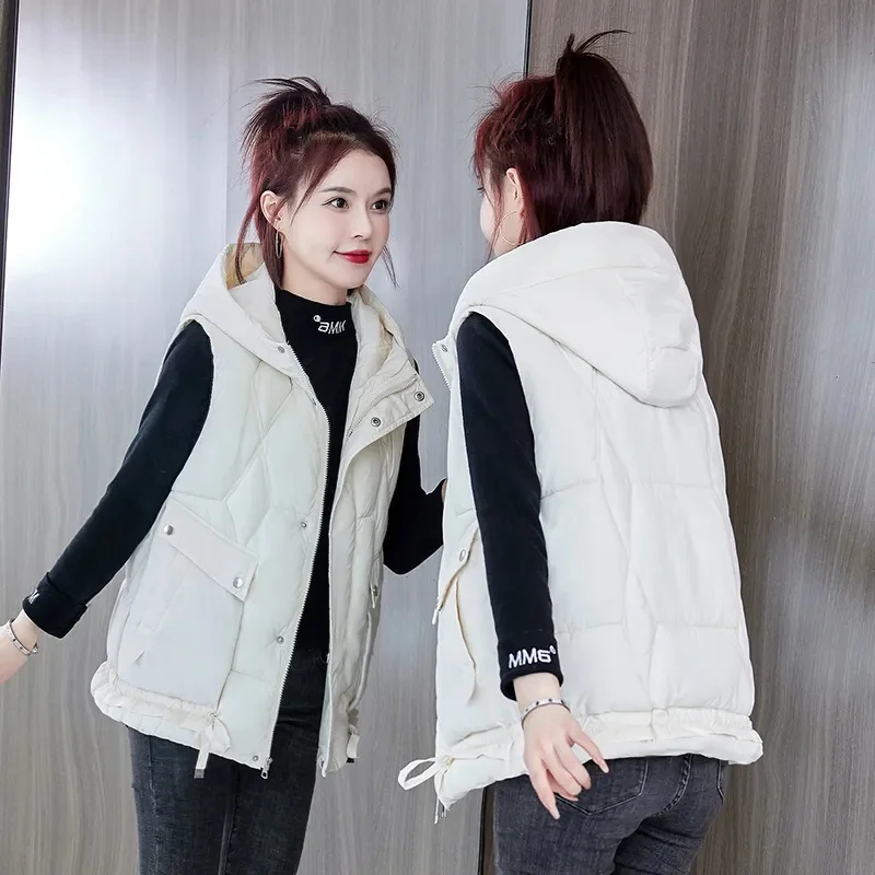 2024 New Autumn Winter Warm Waistcoat Women Sleeveless Jacket Hooded Down Cotton Vest Ladies Outerwear Casual Puffer Coat T577