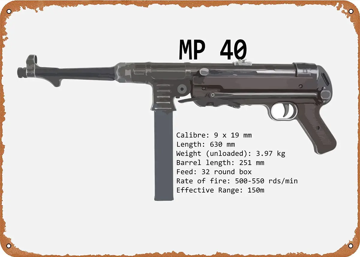 MP 40 Sub Machine Gun Metal Tin Sign Wall Decor Man Cave Military Fan Gift Home Bar Pub Decorative Military Posters 12x8 Inch