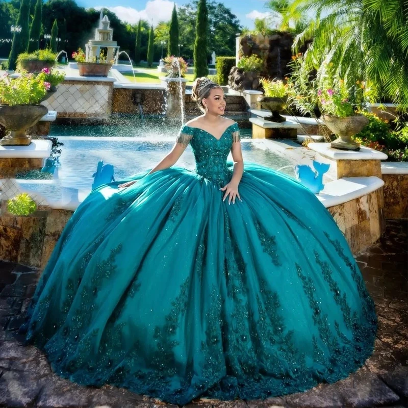 

Emerald Green Off The Shoulder Quinceanera Dresses Ball Gown Floral Appliques Lace Beas Sweet 16 Girls Party Vestidos De 15 Anos