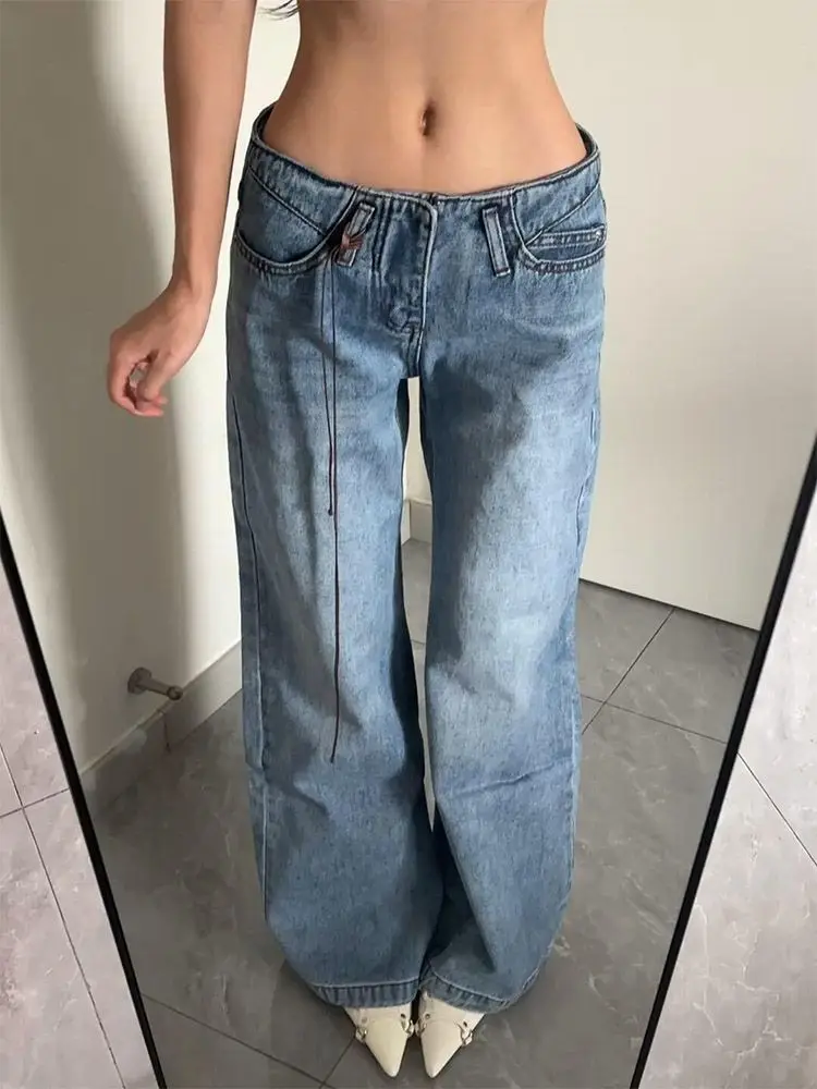 American Large Size Design Sense Old Low Waist Jeans Children Y2k Millennial Style Spice Girl Loose Straight Mopping Pants