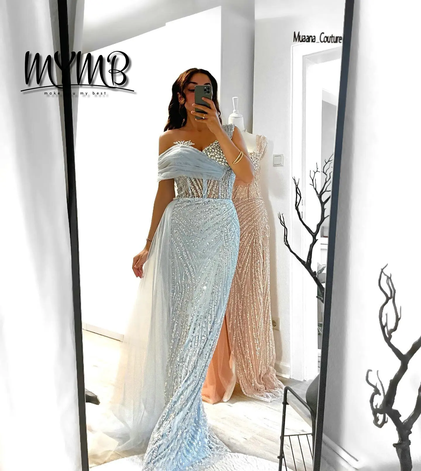 MYMB Luxury Blue Mermaid High Slit Off the Shoulder Evening Gown Dresses Beaded Sequined Embroidered Formal Banquet Gown MY30093