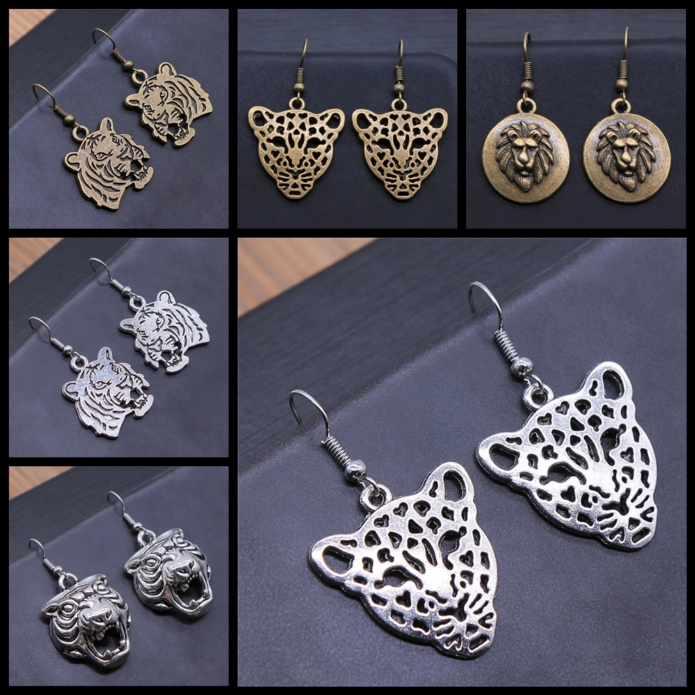Animal Dangle Earring Vintage Antique Silver Color Antique Bronze Color Tiger Leopard Lion Head Pendant Drop Earrings