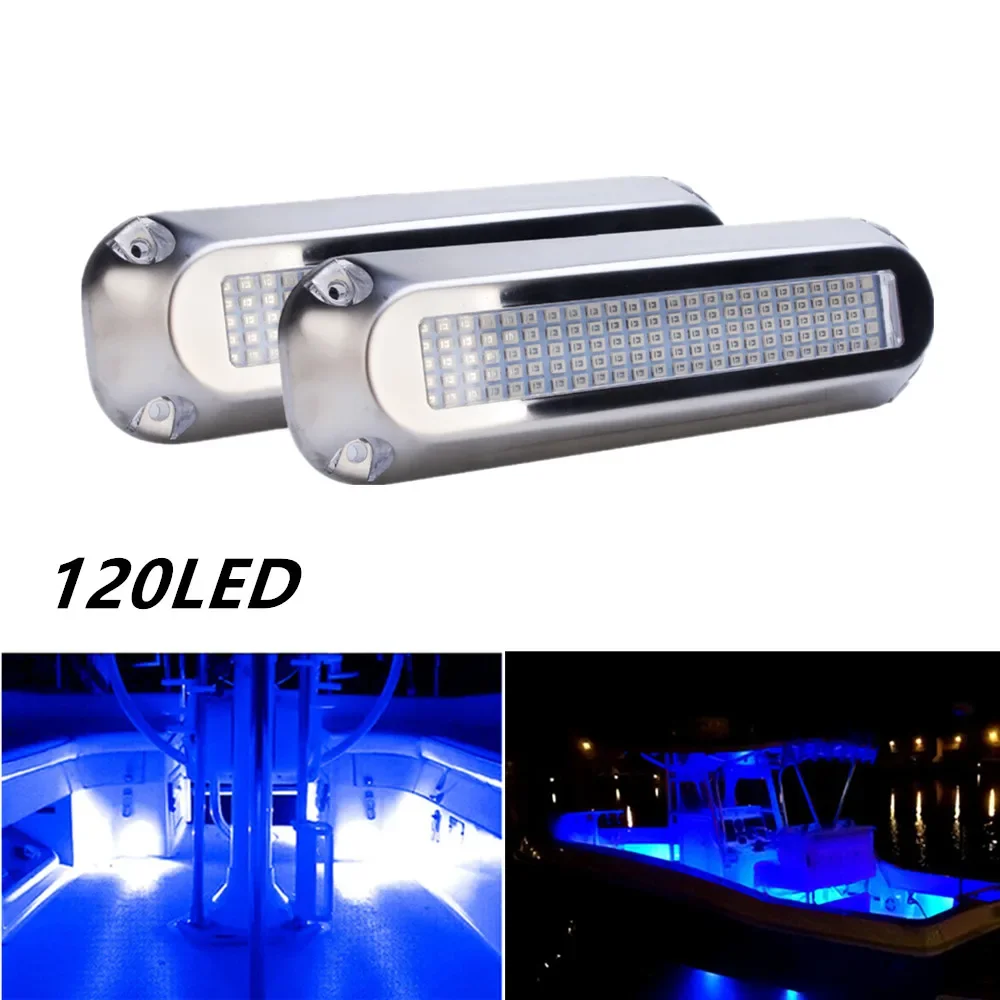 2PCS Blue Yacht Light Stainless Steel 120LED Underwater Pontoon Marine Boat Transom Light IP68 LED Deck Courtesy Lights