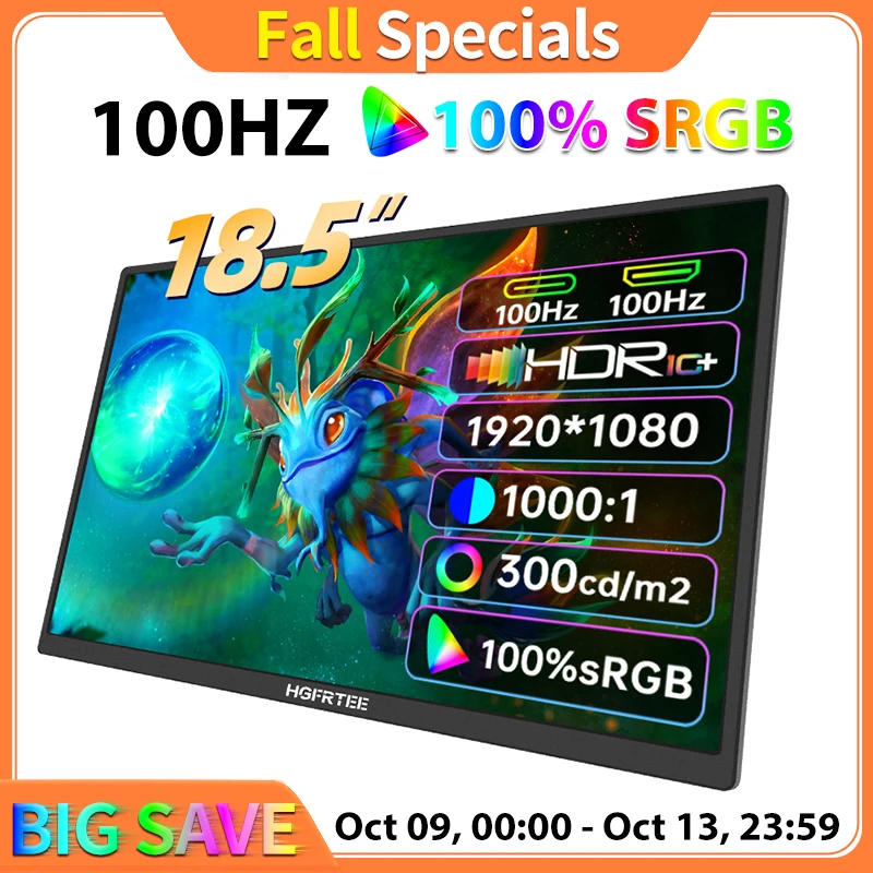

Портативный монитор HGFRTEE, 18,5 дюйма, 100 Гц, RGB100 %, Расширенный дисплей, второй экран ноутбука с VESA отверстием и подставкой