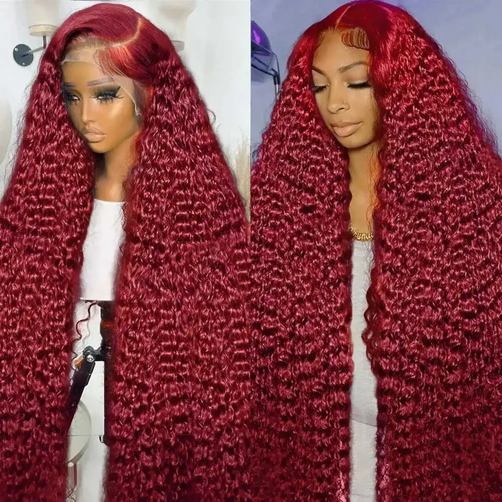 180% Deep Wave Burgundy 99J Human Hair Wigs Colored Brazilian Curly Lace Frontal Human Hair Wigs For Women 4x4 Closure Wig