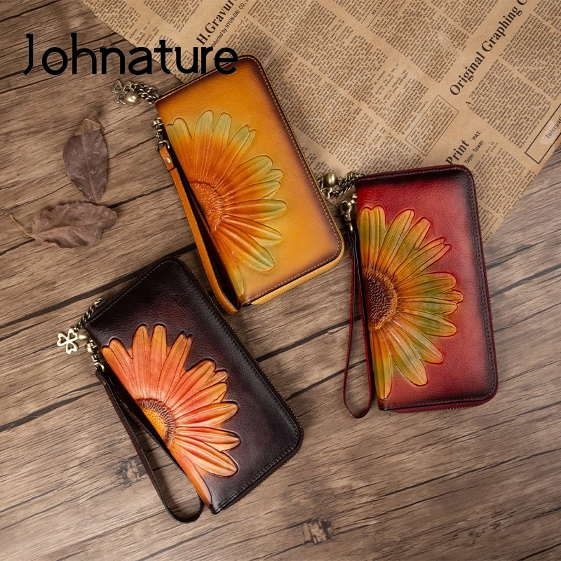 

Johnature Genuine Leather Women Purse 2025 New Hand Painted Long Zipper Clutch Wallets Retro First Layer Cowhide Card Holder