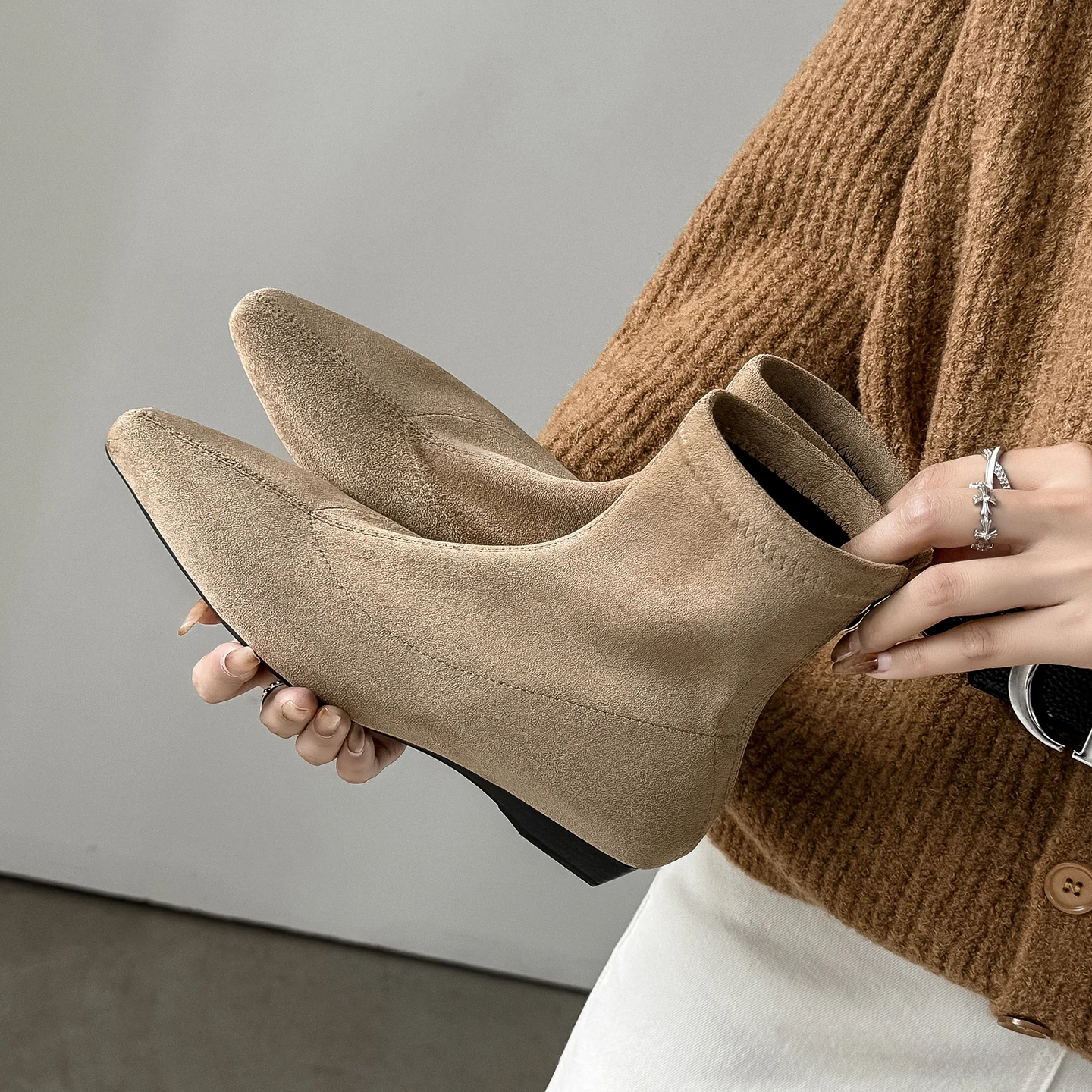 EAGSITY suede brown ankle short pointed toe low heel women chelsea boots motorcycle boots modern boots