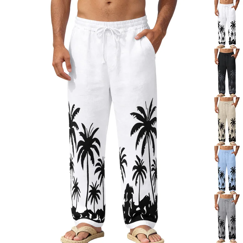 2026 Cross-Border Herren Leinenhose, locker geschnitten, bedruckt, für den ganzen Jahr, Hawaii-Stil, Strandurlaub, Freizeit