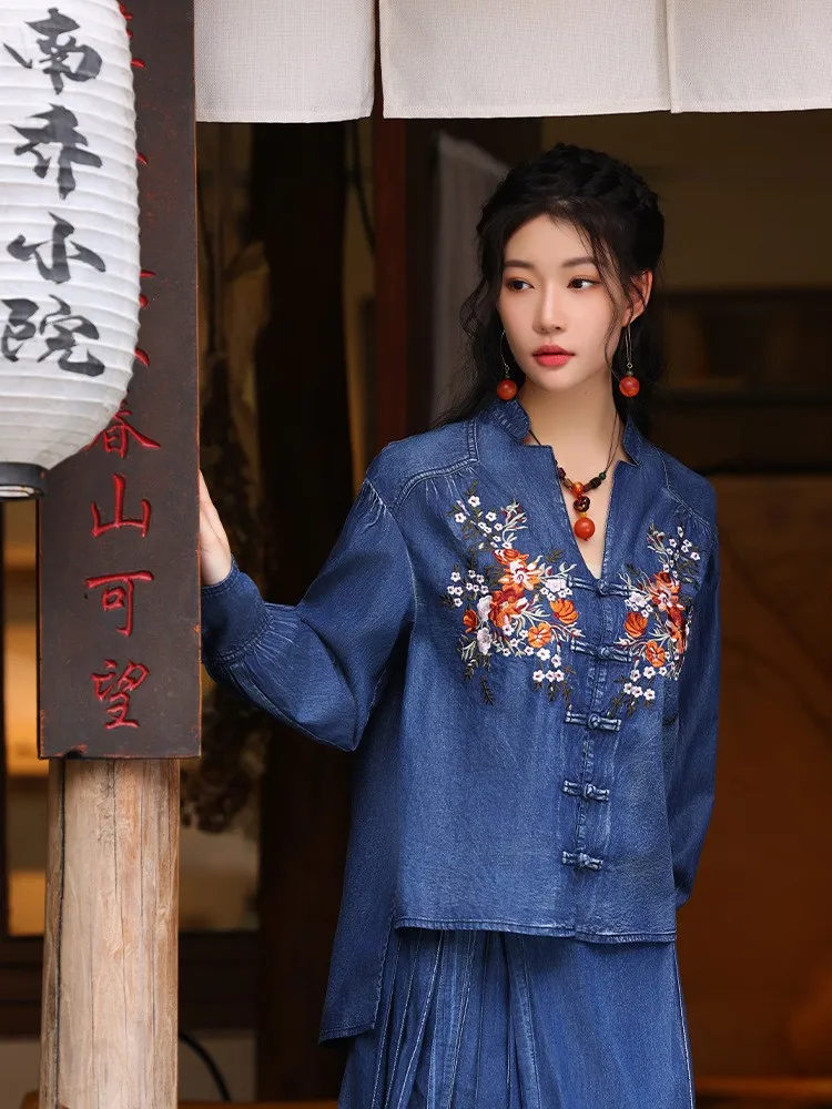 TIYIHAILEY Cotton Denim Women Full Sleeve Blouses Topsd Vintage Single Breasted Embroidery Shirts  2026 New Fashion Chinese