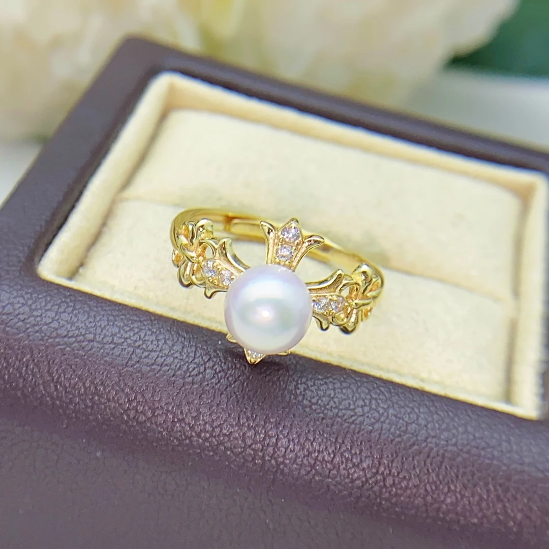 

JCY25 Solid 925 Sterling Silver Round 7-8mm Nature Fresh Water Akoya White Pearls Rings for Women Fine Birthday Presents