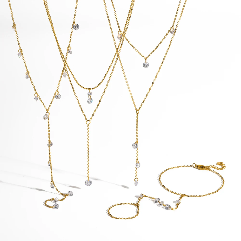 Damenmode 18K Vergoldete Edelstahl Mehrschichtige Lange Anhänger-Halskette mit Funkelnden Zirkonia-Steinen Gestapelter Schmuck Geschenk – Detail 4