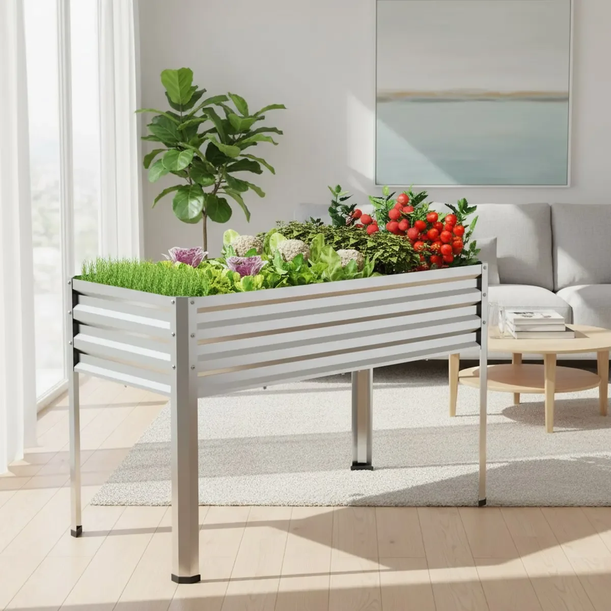 Galvanized Steel Raised Planter 48x24x32in Outdoor Garden Bed Patio Balcony
