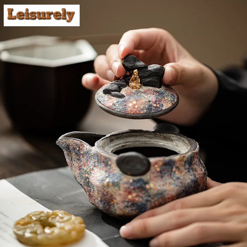 140ML Heart To Buddha Rock Mine Hand Held Teapot Handmade Gold Pointing Pottery Pot Tea Making Kettle Kung Fu Teaware Gift Box