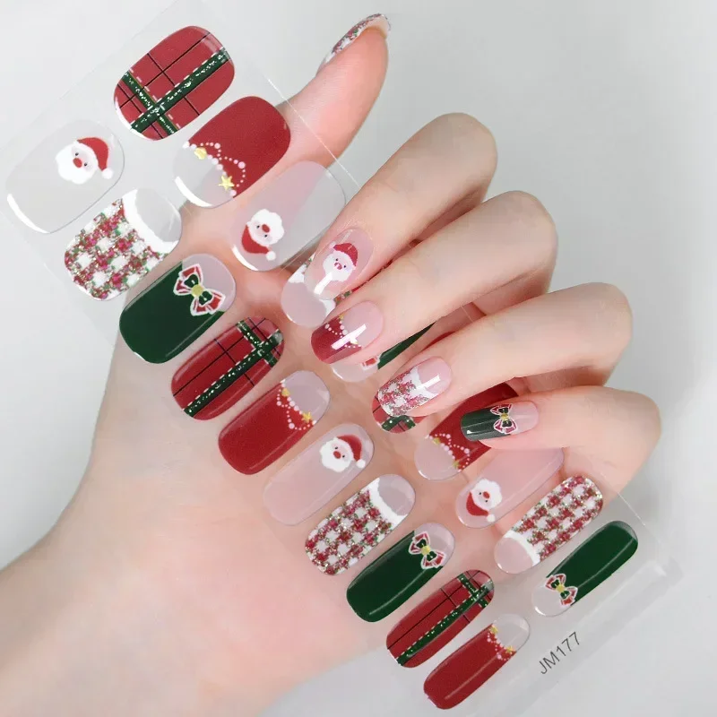 20Tips Christmas Semi-Cured Gel Nail Strips Snowflake Bear Bell Gel Nail Stickers For New Year Manicure UV Nail Wraps
