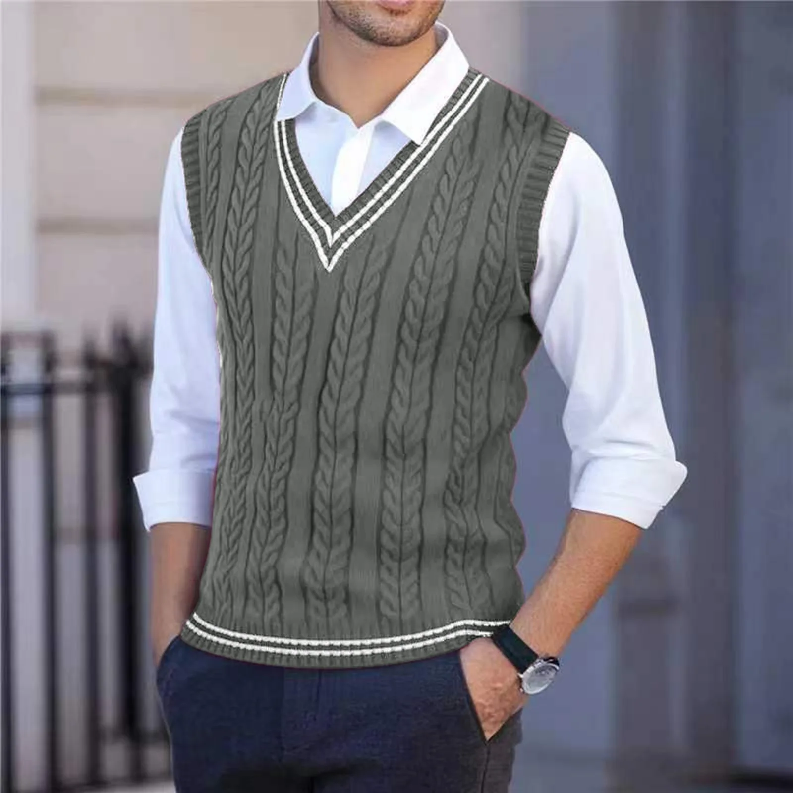 2026 Men's Knitted V-Neck Sweater Vest Color Blocking Stripe Sleeveless Knitwear Pullover Sweaters Men Business Casual Waistcoat view 3