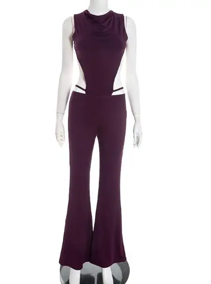 

2026 Новый осенне-зимний женский сексуальный комбинезон с круглым вырезом и открытой спиной на талии, комплект расклешенных брюк с высокой талией