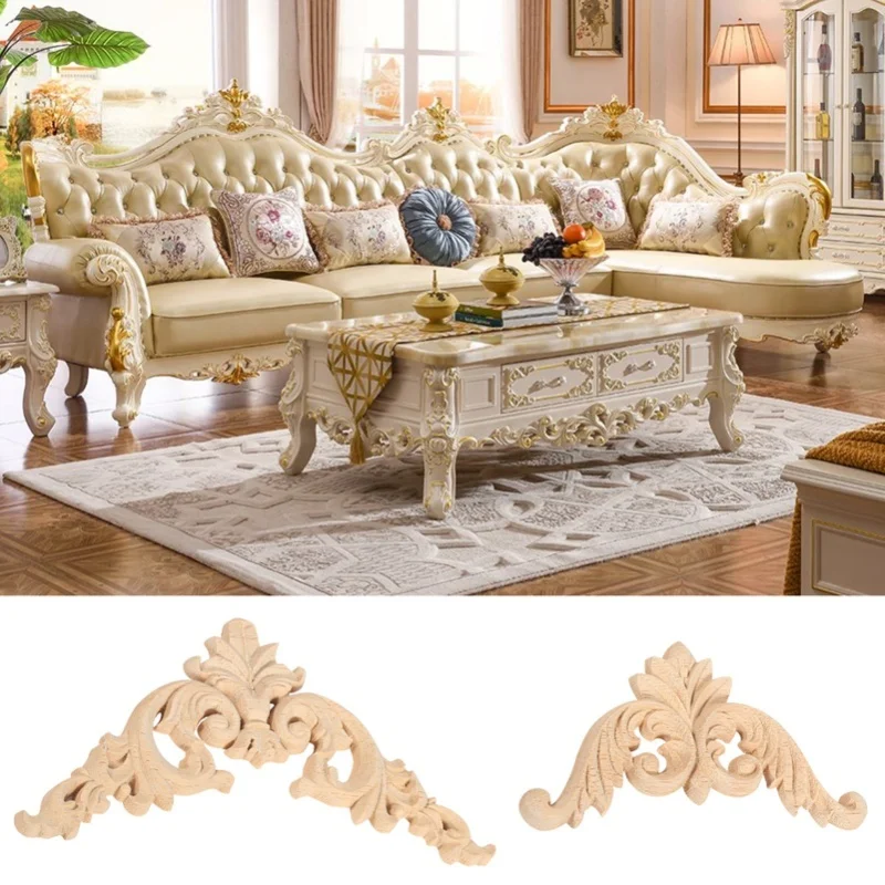 4PCS Rubber Wood Carved Corner Onlay Applique Furniture Flower Shape Unpainted 12x 12cm