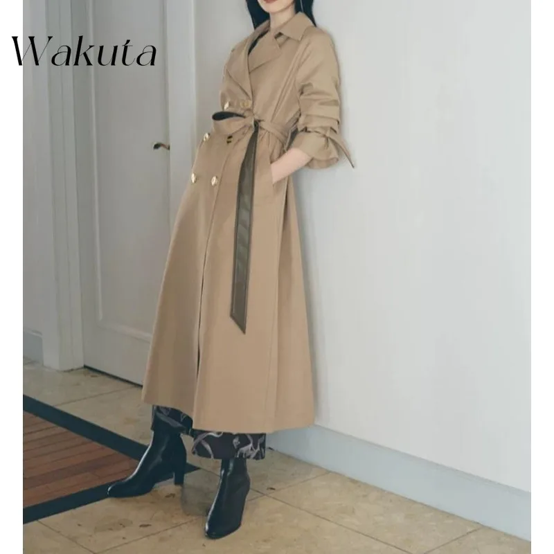 WAKUTA Japanese Elegant Lapel Long-sleeved Belted Trench Coat Fashion Double-breasted Belt PU Splicing Middle-length Y2k Jackets