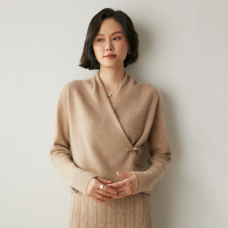 100% Cashmere Sweater Women's Cross Neck Knitted Pullover Fashion Korean Long Sleeved Tops Autumn/Winter New Women's Clothing