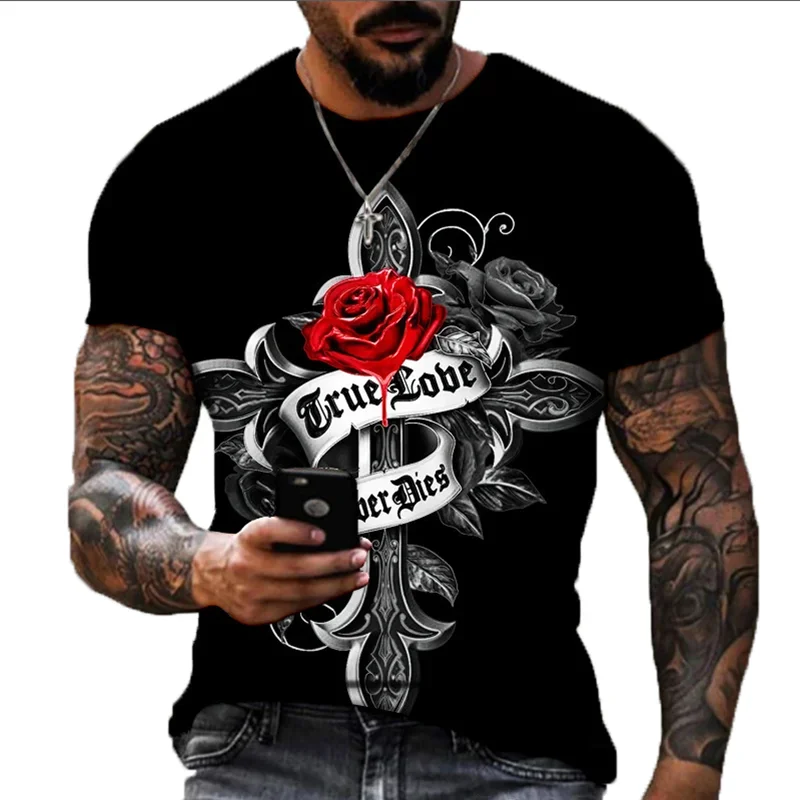 

2024 New Men's T-shirts 3d Cross Print Short Sleeve Tops Cool Crucifix T Shirt For Man Oversized Tee Shirt Men Vintage Clothing