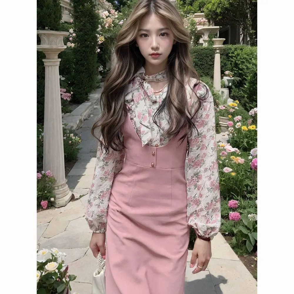 

Korea Long Dress Two-Piece Suit Shirt Autumn New Design Sense Spliced Fish Tail Wrap Hip Dress