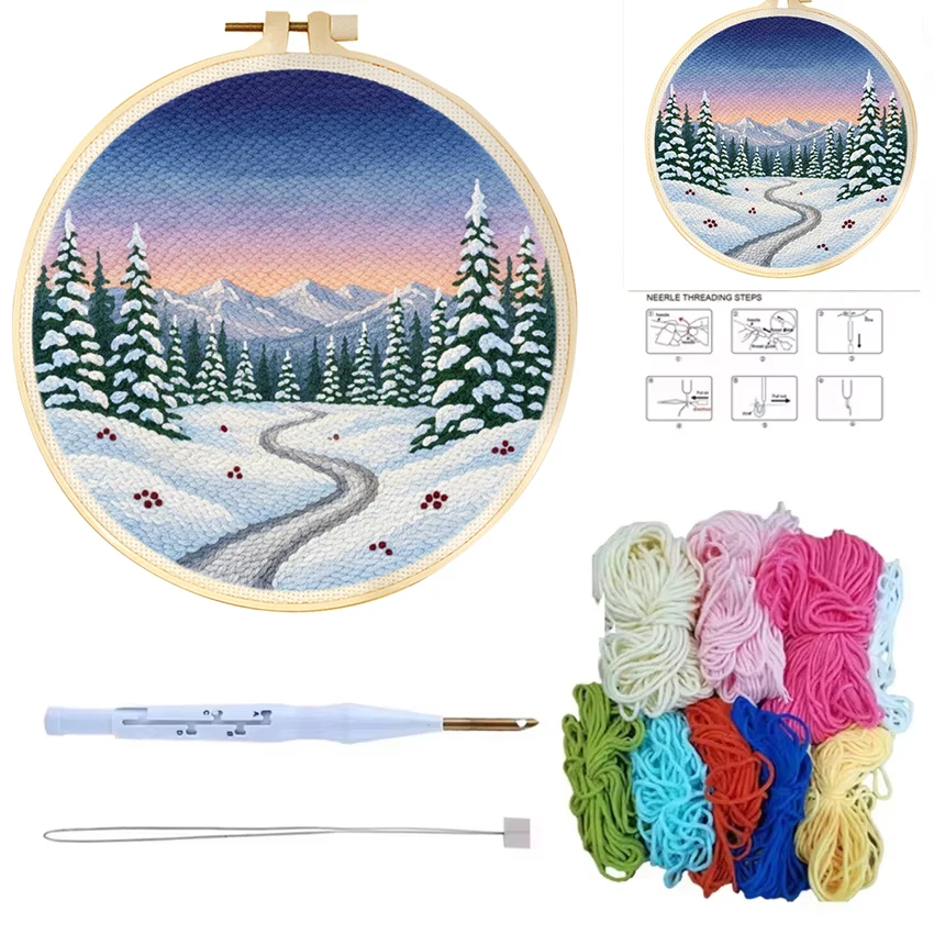 Punch Needle Poke Embroidery Kit Winter Forest Scenery DIY Punch Needle Kit Cross Stitch Set with Embroidery Frame Diy Crafts