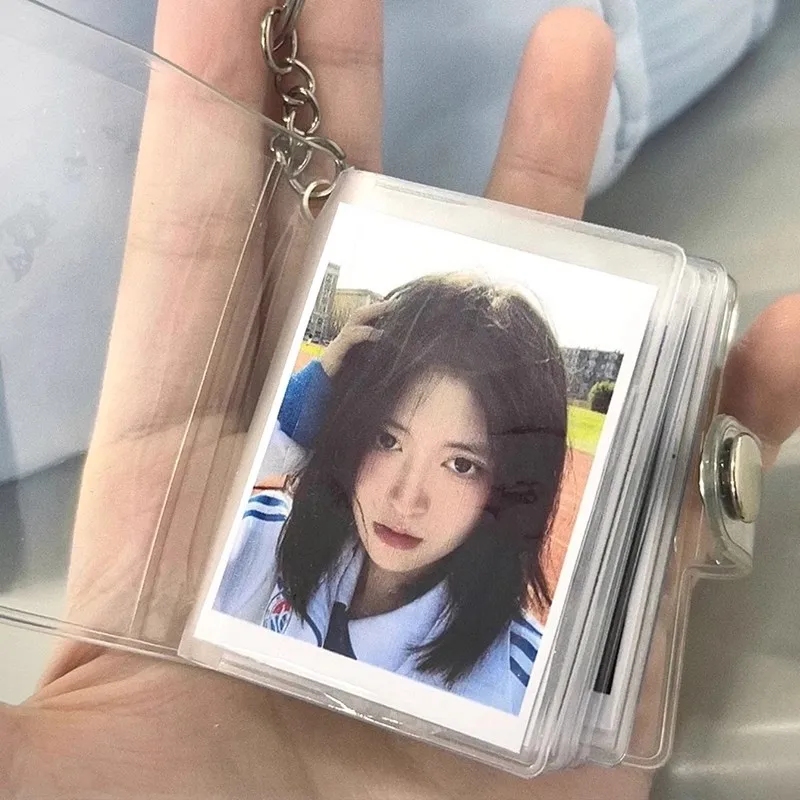 1pcs Transparent Glitter Card Holder Key Ring Female Portable Mini Card Photo Sticker Album 3 Inch 2 Inch Small Album Keychain