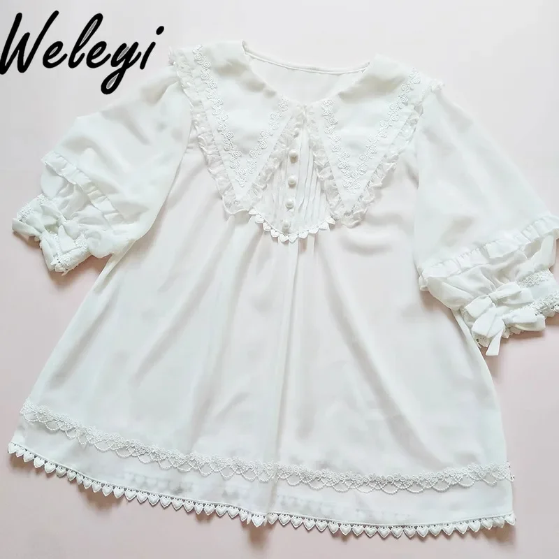 Japanese Jirai Kei White Bow Inner Blouse with Pointed Neck Lolita Girly Sweet Chiffon Short Bubble Sleeve Versatile Shirt Women