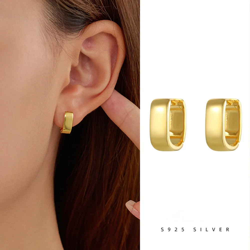 

S925 Sterling Silver Square Plain Earrings Women's Niche Minimalist Heavy Metal Hoop Jewelry