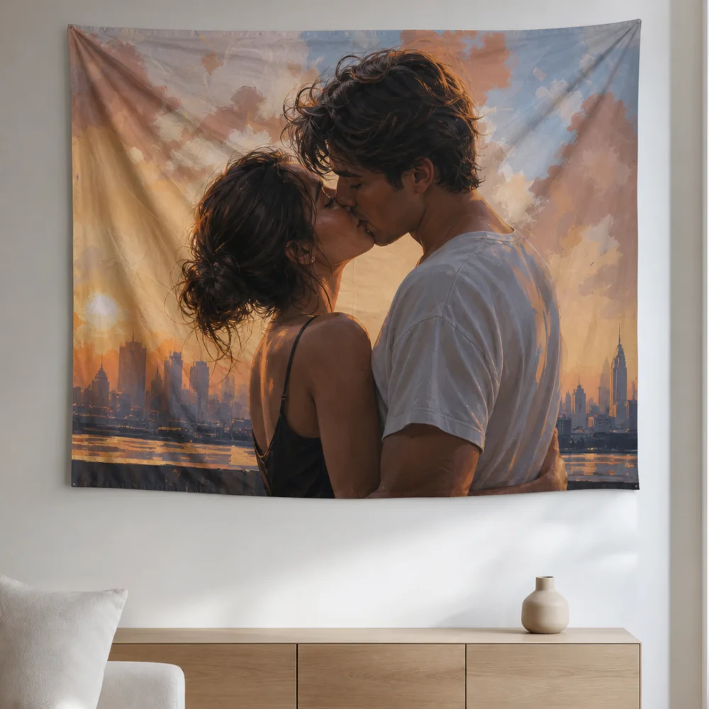 Sunset River Embracing Couple Printed Tapestry 150X100CM Suitable for Bedroom Wedding Room Atmosphere Wall Background Fabric