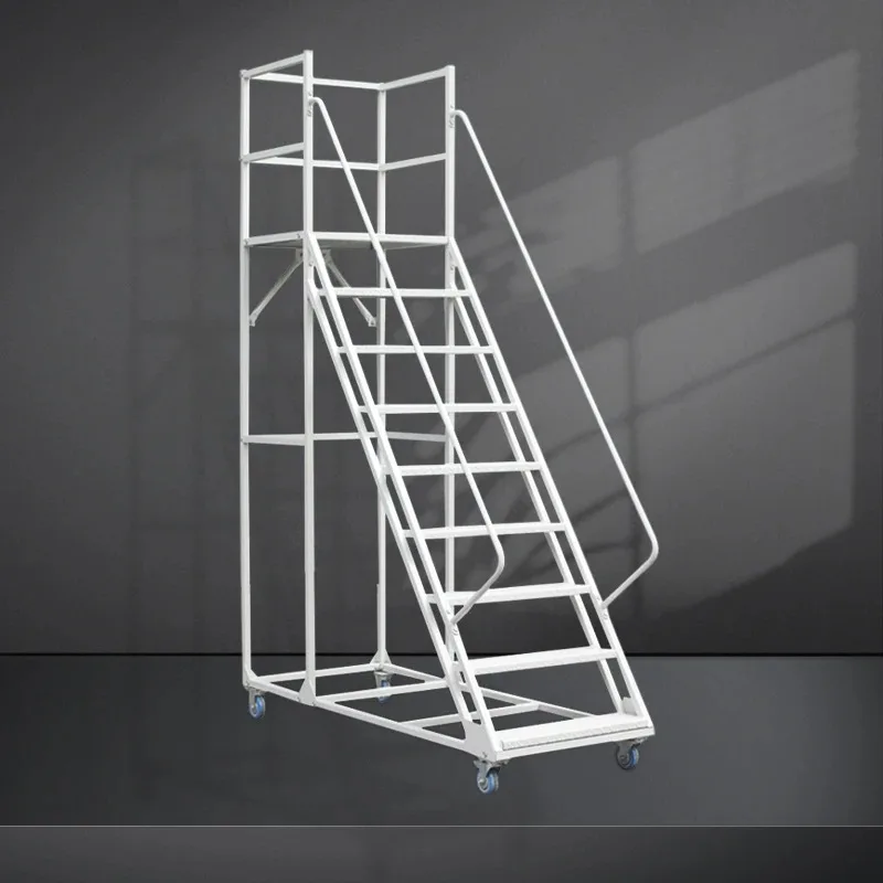 Warehouse Portable Rolling Mobile Work Platform Cold-rolled Steel Ladder with Handrail Steel Ladder Industrial Ladder