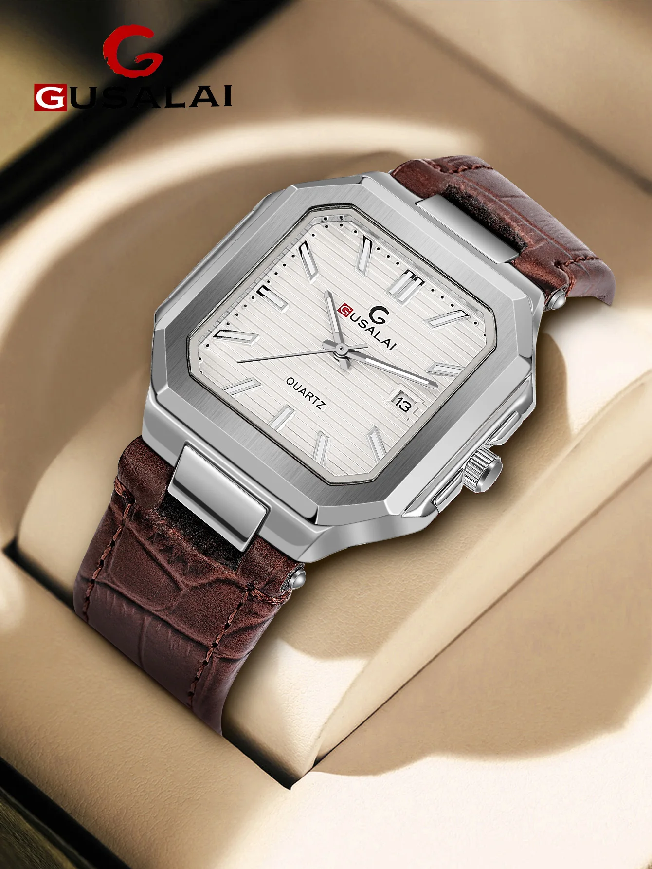 GUSALAI Men's Fashion Watch with Automatic Calendar, Square Design Quartz Watch, Leather Strap, Ideal Gift for Boyfriend