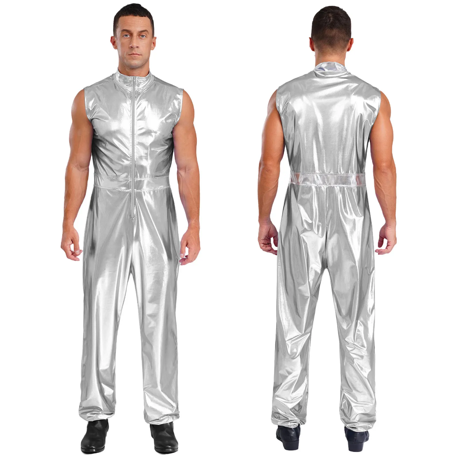 

Men Metallic Silver Alien Astronaut Cosplay Performance Jumpsuit Fashion Sleeveless Loose Pant Rompers for Carnival Party Suit