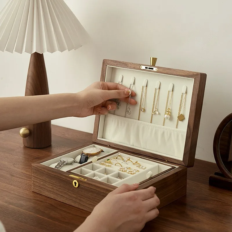

Шкатулка для драгоценностей из черного ореха, роскошные коробки для хранения колец в стиле ретро, большая емкость, браслет, ожерелья, витрина, витрина для ювелирных изделий, подарок
