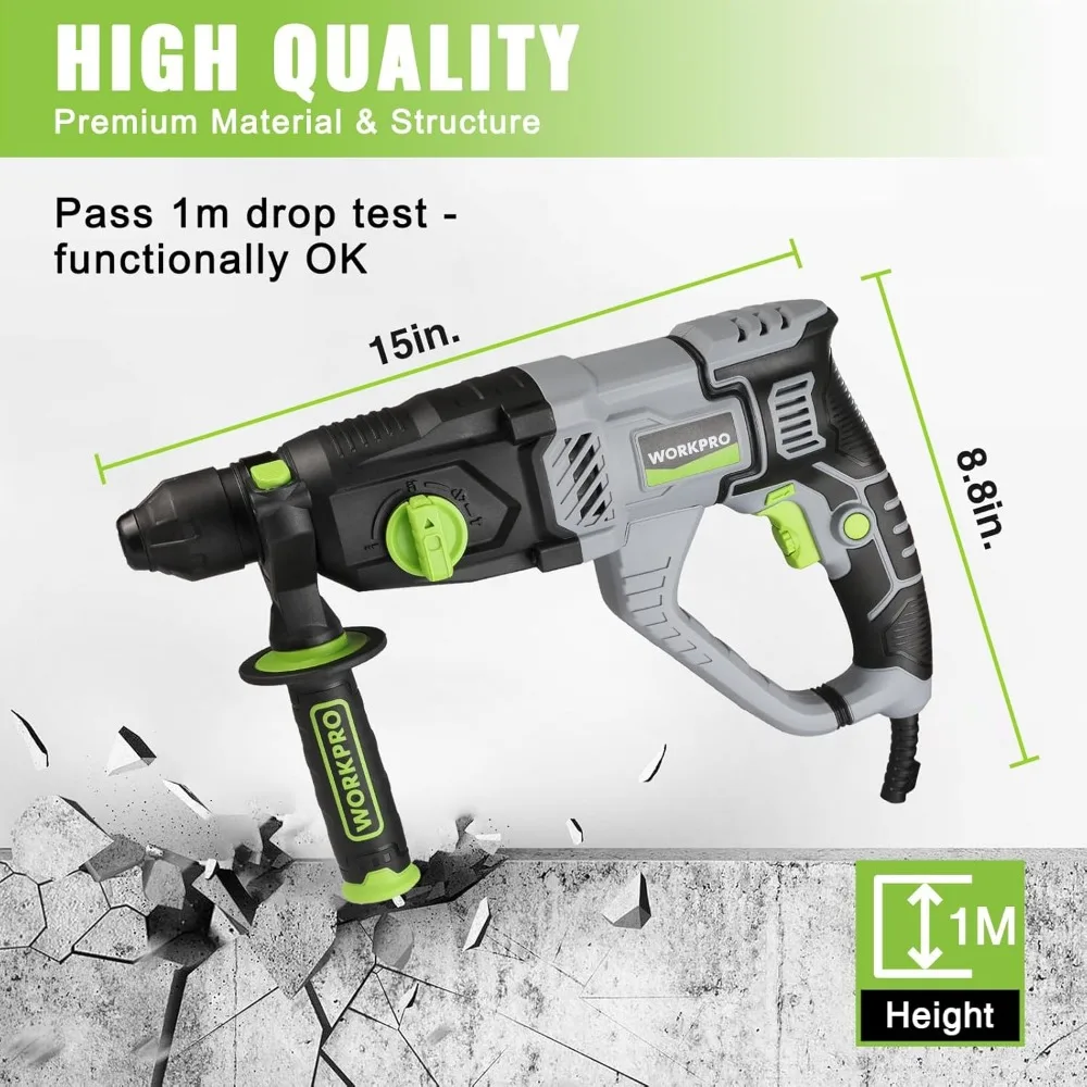 1-1/4 Inch SDS-Plus Rotary Hammer Drill, 7.5AMP Lightweight Corded Concrete Demolition Tool with 5 Bits