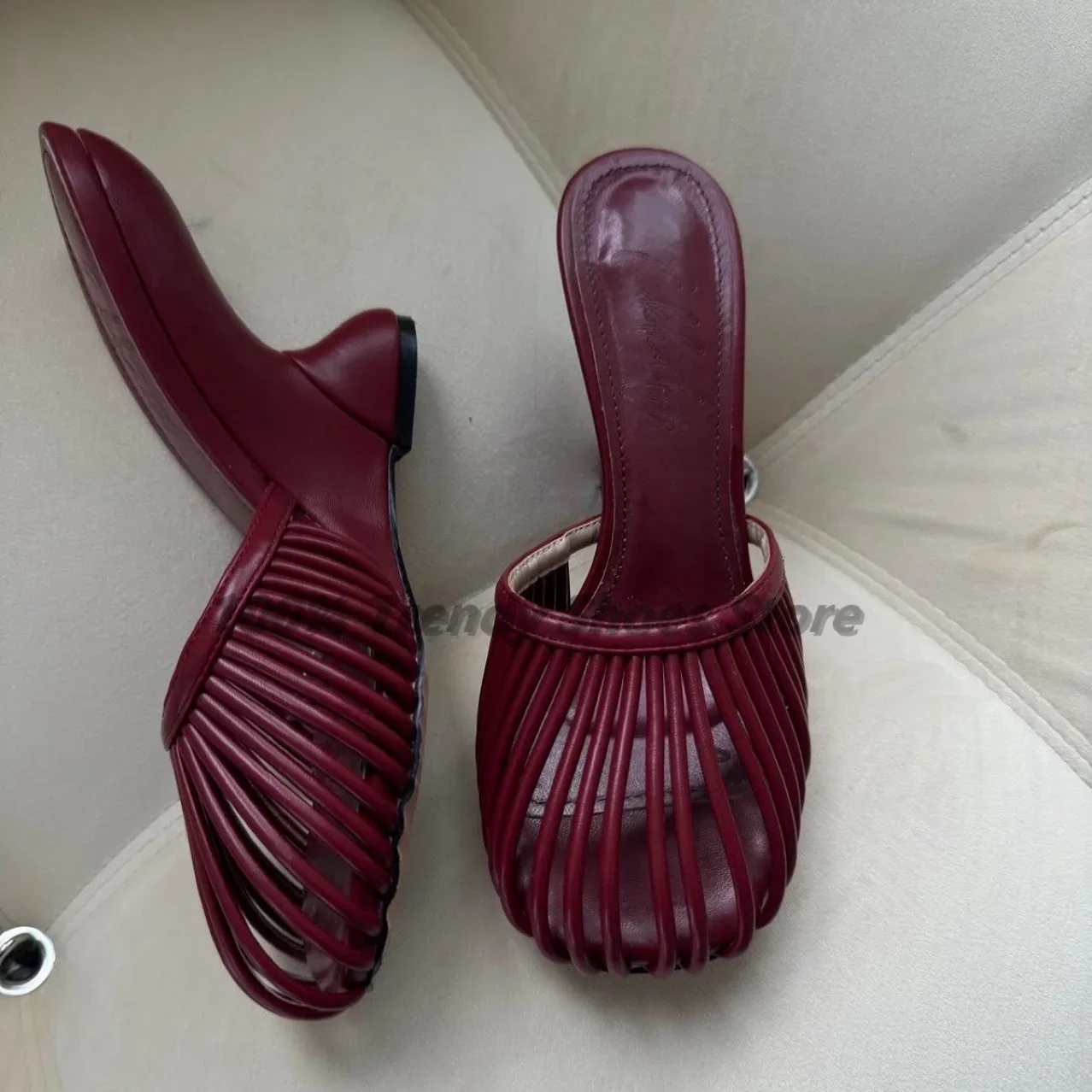 

Summer European and American Metal Thin Strip Hollowed Out Slope Heel Slippers with Round Toe High Heels Toe Caps and Drag Sizes