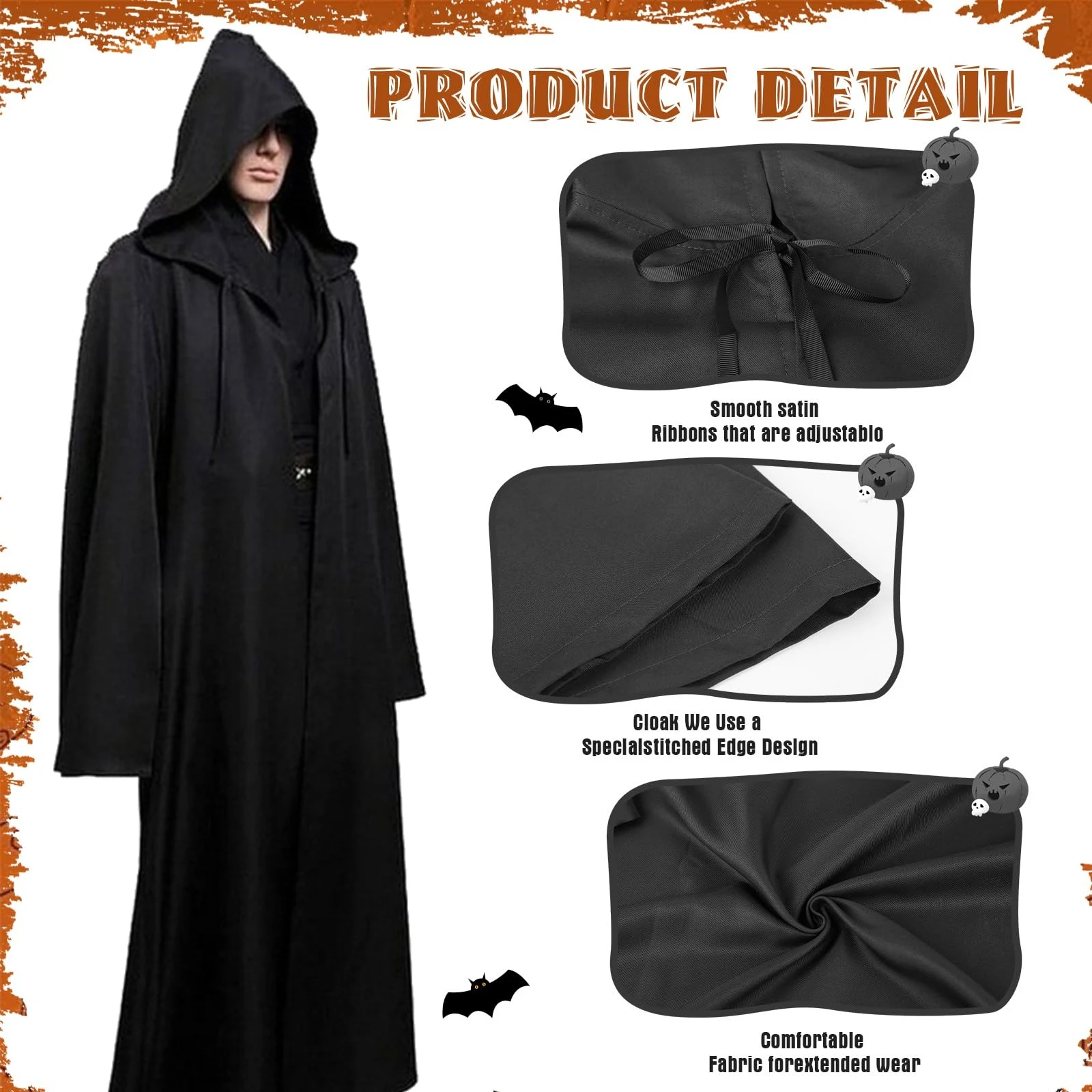 Halloween Jedi Warrior Hooded Cloak Black Wizard Vampire Robe Medieval Knight Cloak Adult Gothic Costume Cape Cosplay Outfit view 3