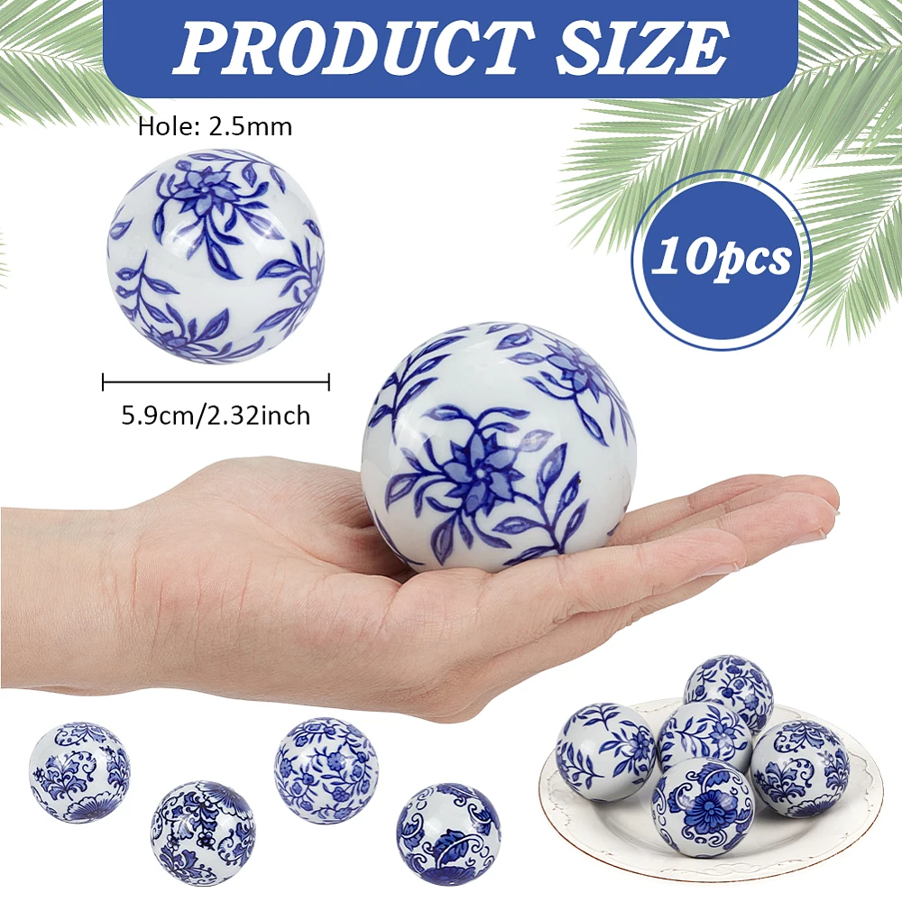 10 Pcs Blue and White Porcelain Balls 2.36 inch Decorative China Porcelain Balls Decorative Chinoiserie Orbs for Bowl Vase Table