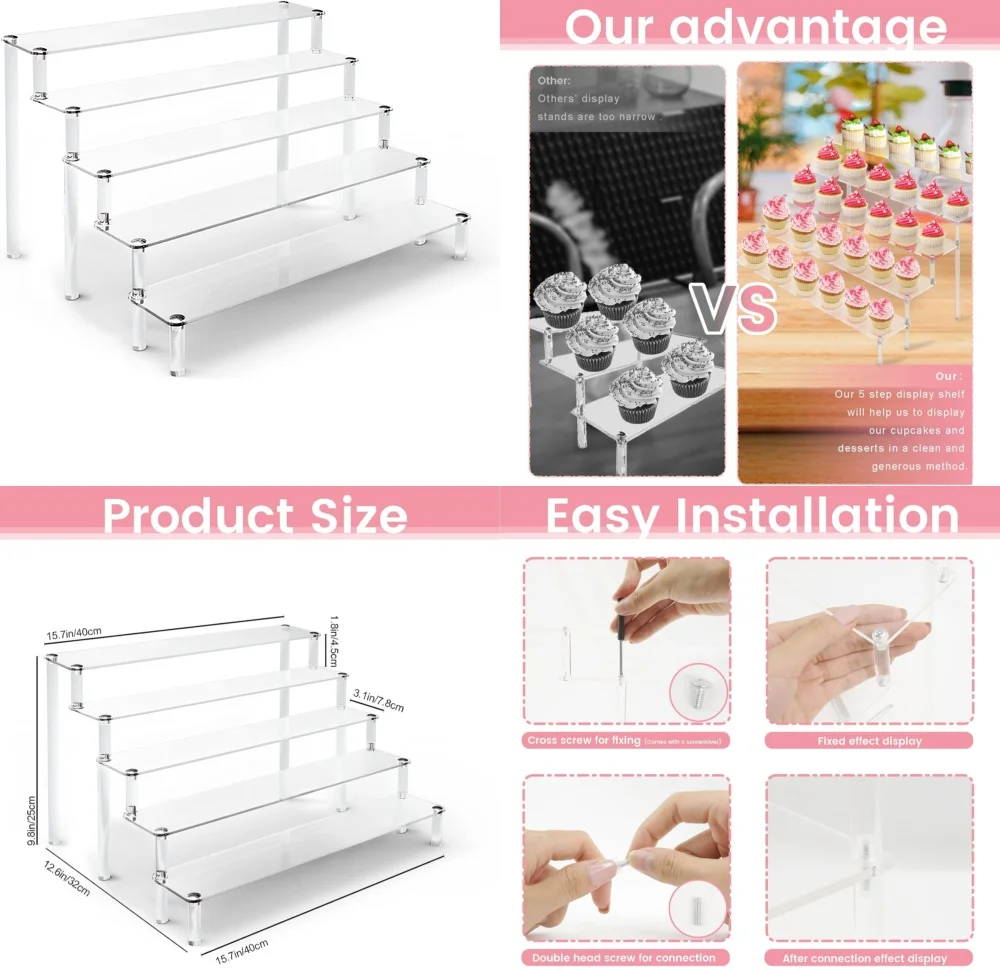 

5 Tier Clear Acrylic Display Stand Risers Shelf for Cupcakes Figurines Perfumes Jewelry Makeup Organizer Countertop Storage Rack