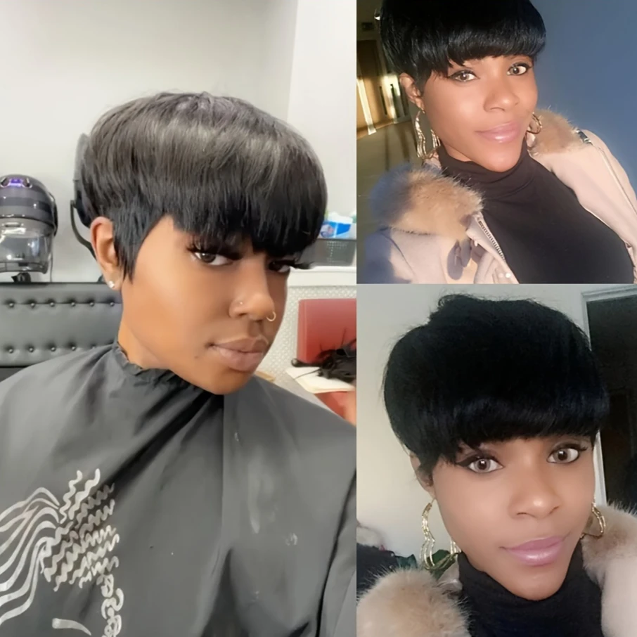 350 # 99J/1Bカラーのピクシーカットストレート人毛ウィッグ、女性用フルマシンメイドウィッグ、ショートレイヤードストレートウィッグ（前髪付き）