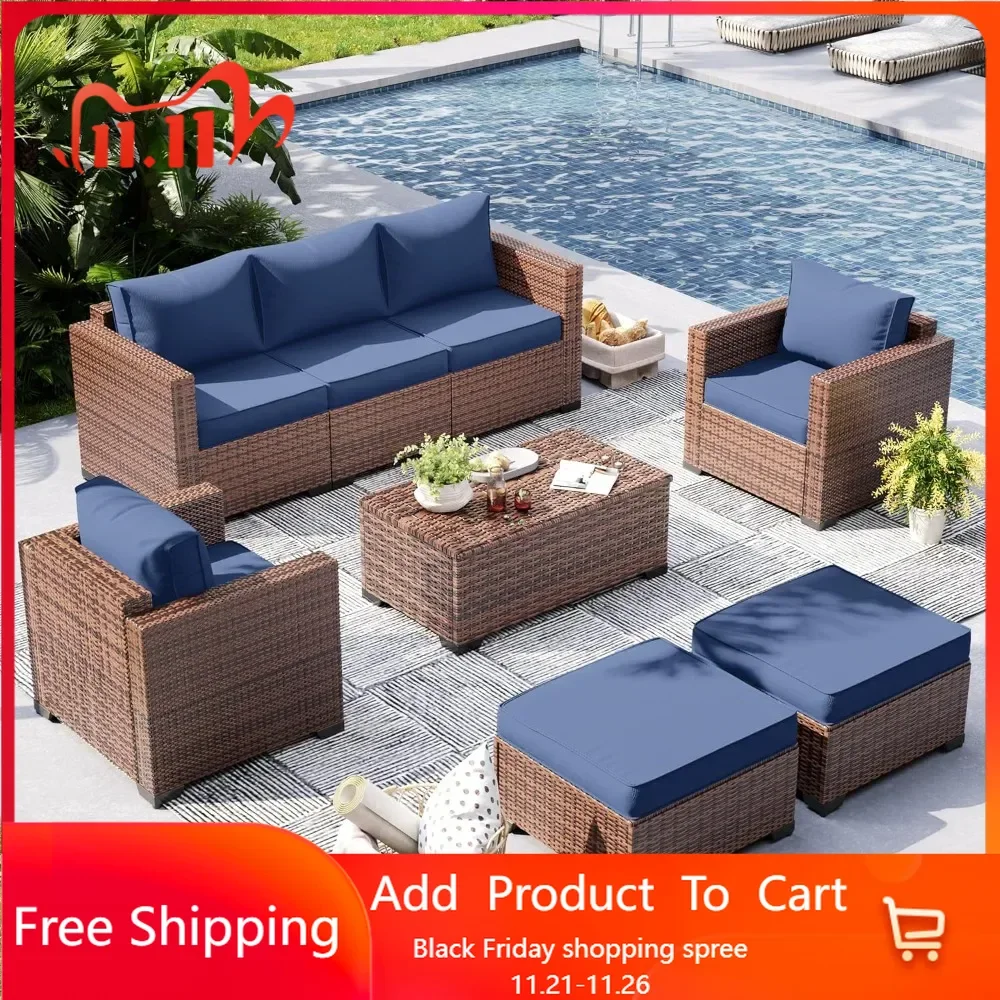 Patio Furniture Set, 6 Pieces Outdoor Sectional Sofa Set with Storage Table, All-Weather Wicker Rattan Patio ,Blue