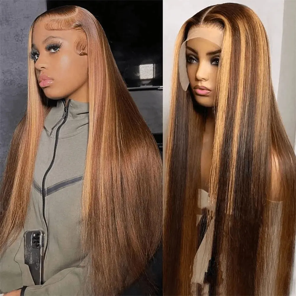 P4/27 mettre en évidence droite 13x4 HD dentelle frontale perruques cheveux humains sans colle perruque brésilienne Ombre miel blond couleur perruque pour les femmes