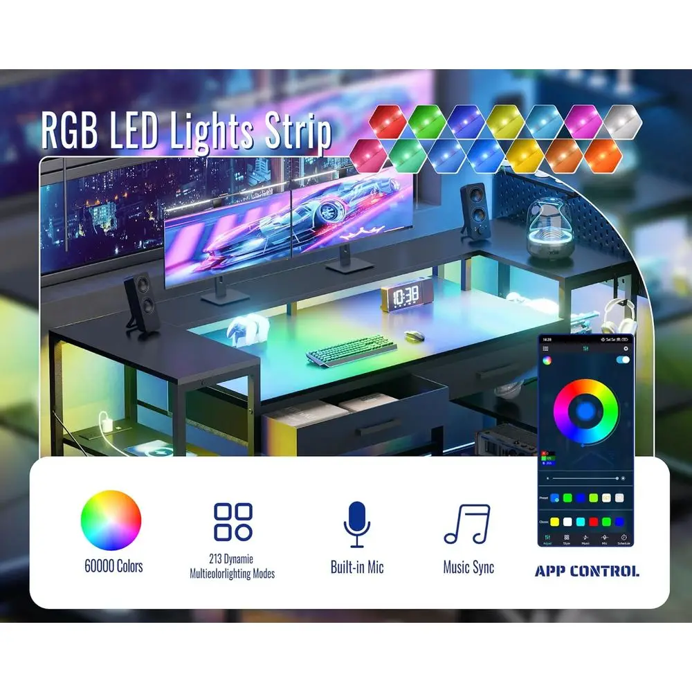 مكتب ألعاب أسود 58 مزود بإضاءة LED ومنافذ طاقة ودرجين للمكتب المنزلي والكمبيوتر الشخصي #6