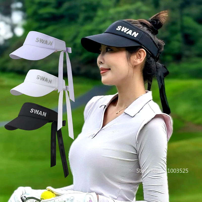

SG Summer New Golf Cap Female Lace Bow Hollow Top Cap Women Sunscreen Sports Outdoor Anti-UV Sun Hat Big Brim Headcover